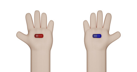 3d render illustration of a red and blue tablet offer. Two stylized hands show pills, capsules
