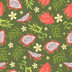 Tropical pattern. Exotic fruits and palm leaves. Dragon fruit