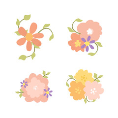 Set of floral decorations, Pastel doodle flowers.