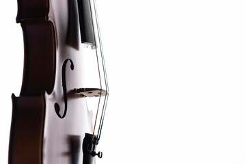 A violin or viola with four strings with a beautiful soft light hitting it on a white background....