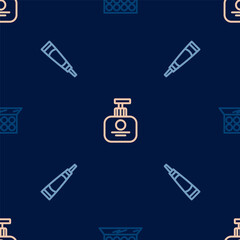 Set line Makeup powder with mirror, Cream lotion cosmetic tube and Tube of hand cream on seamless pattern. Vector