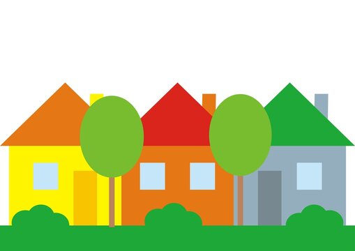 Group of houses and greenery, bushes with trees, conceptual vector illustration
