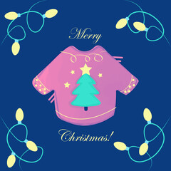 A card for Christmas with winter clothes, a winter jacket. A gift card. Illustration of a jacket with a watercolor effect. A jacket with a Christmas tree. Can be used for postcards, flyers, etc.