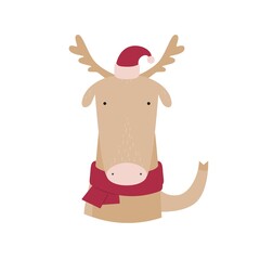 Cute elk in a hat and a scarf . Vector illustration for cards, invitations, stickers, t-shirts