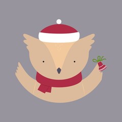 Cute owl in a hat and a scarf with bell. Vector illustration for cards, invitations, stickers, t-shirts
