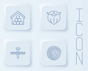 Set line Wooden logs, Mustache and beard, Metallic nail and Tree rings. White square button. Vector