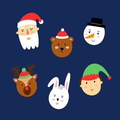 Christmas characters. Cute xmas portraits, Canta Claus and snowman, Rudolf deer and elf, winter bear and rabbit, funny decor faces, postcard, print or poster vector cartoon isolated set