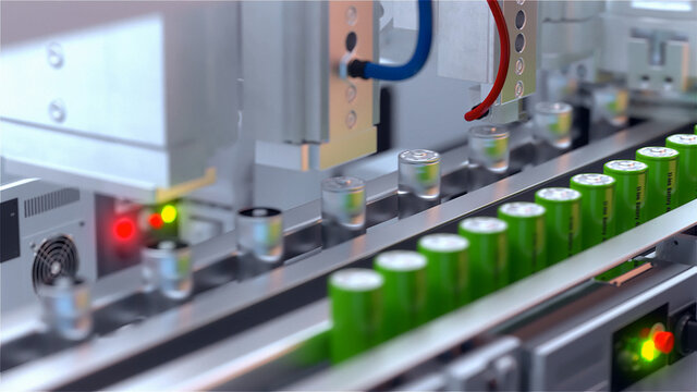 Conveyor line for the production of lithium ion batteries. Ecological energy. 3D illustration. 3D rendering.