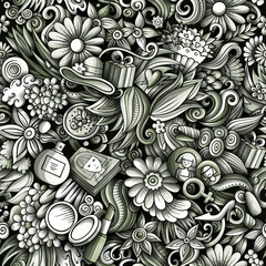 Cartoon doodles 8 March seamless pattern.