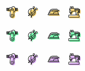 Set line Electric iron, Zipper, Yarn ball with knitting needles and Sewing machine icon. Vector