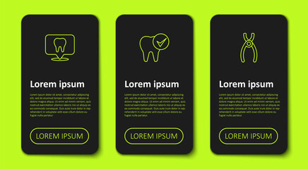 Set line Dental clinic location, Tooth and pliers. Business infographic template. Vector