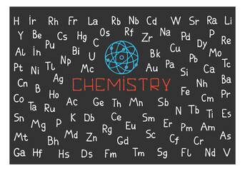 Set of elements of the periodic table of chemical elements as background, pattern, wallpaper, book cover, notebook. In the middle of the set the inscription "Chemistry" and atomic structure.