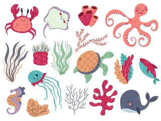 Coral and seaweed. Underwater flora and fauna, cute sea animals, ocean life, marine creatures, laminaria and jellyfish, cartoon whales, crab and octopus, wildlife vector isolated set