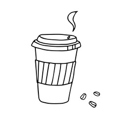 Black hand drawn illustration of coffee in a paper cup with a plastic lid to go