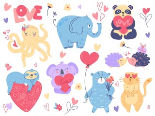 Valentines day animals. Cute kids animals with hearts, funny characters in love, elephant, octopus and sloth, hedgehogs couple, bear with balloon and cat, vector cartoon isolated set