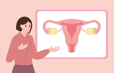 A young female lecturer gives a lecture on women's reproductive health. On the interactive whiteboard, a drawing of the uterus and ovaries. Sex education