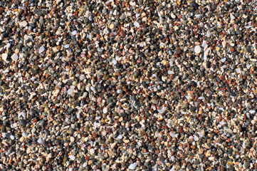 Beach sand of small, tiny pebbles and seashells