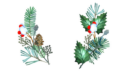 Naklejka premium Watercolor Christmas composition with folliage, snowy fir tree, spruce branches, red holly berries, evergreen leaves . Hand painted illustration isolated on white background. 