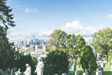 View of Manhattan skyline seen from Greenwood Cemetery in Brooklyn. Vintage style