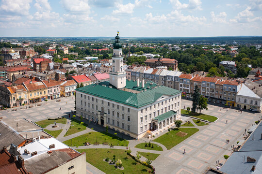 Aerial view on Town Hall in Drohobych, Ukraine from drone