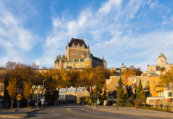 Cityscape of the Petit-Champlain lower old town sector seen during a fall golden hour morning,...