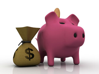 3d rendering usd Dollar in money bag with piggy bank
