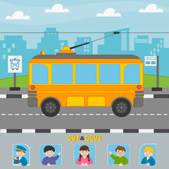 Game for children. Cut and glue passengers on the trolleybus. Applique. Worksheet for printing. Kids vector riddle.