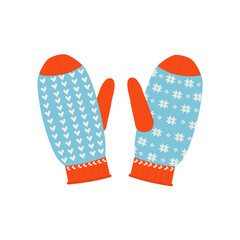 Pair of knitted warm winter mittens isolated on white background. Christmas glove. Vector illustration for hand drawn hygge interior decorations, Christmas greeting card.