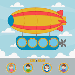 A game for children. Airship in the sky. Paper applique. Cut and paste the airplane's passengers. Kids vector riddle. Children funny riddle entertainment