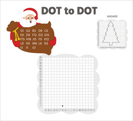 Game tasks for kids. Draw points by coordinates and connect them with lines. Christmas theme. Santa Claus. Preschool kids activity worksheet. Vector illustration
