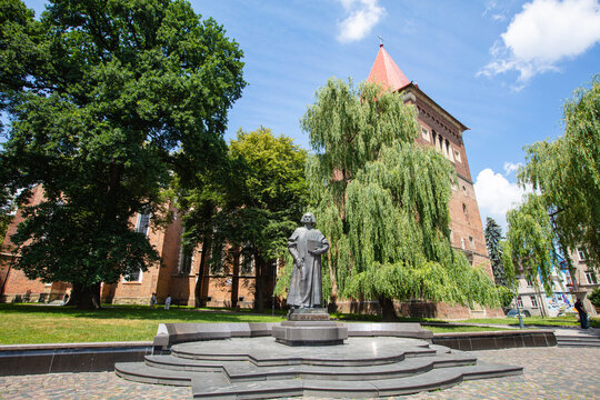 Aerial view on Yuriy Drohobych Monument in Drohobych, Ukraine from drone