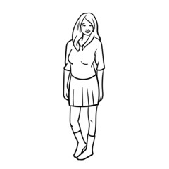 woman with skirt and long hair. comic, outline, whole body, monochrome.