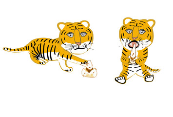 年賀状素材　焼き餅をたべようとするトラ