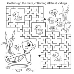 Maze or Labyrinth Game. Puzzle. Coloring Page Outline Of cartoon duck with little ducklings. Coloring book for kids.