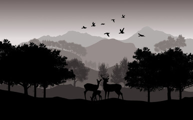 Fototapeta na wymiar Mountain landscape with deer in a forest