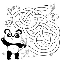 Maze or Labyrinth Game. Puzzle. Tangled road. Coloring Page Outline Of cartoon little panda with bamboo twigs. Coloring book for kids.