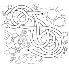 Maze or Labyrinth Game. Puzzle. Tangled road. Coloring Page Outline Of cartoon cheerful fly kite high in the sky. Coloring book for kids.