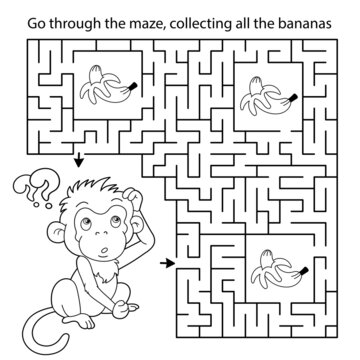Fototapeta Maze or Labyrinth Game. Puzzle. Coloring Page Outline Of cartoon little monkey with bananas. Coloring book for kids.