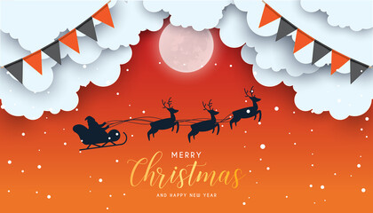 Merry Christmas and Happy New Year night for greeting card. moon in clouds, stars and snowfall. Santa Claus and reindeers silhouette on moon background. Cute and unusual vector design.