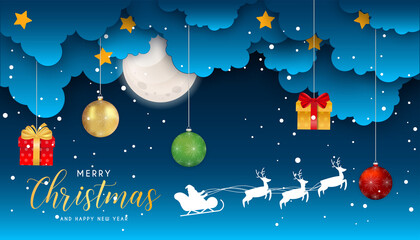 Fototapeta na wymiar Merry Christmas and Happy New Year night for greeting card. moon in clouds, stars and snowfall. Santa Claus and reindeers silhouette on moon background. Cute and unusual vector design.