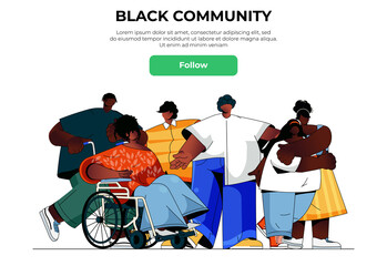 Black community web banner concept. African men and women standing together, ethnicity group with person, diversity landing page template. Vector illustration with people scene in flat design