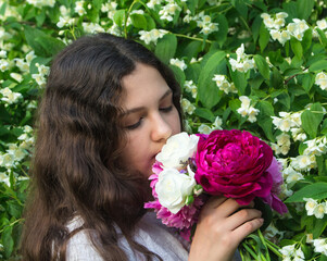 girl with a bouquet of peony
