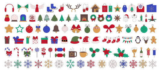 Fototapeta na wymiar Christmas and New Year colored sticker icons with black outline.