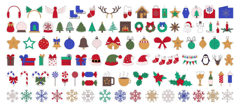 Christmas and New Year colored sticker icons with black outline.
