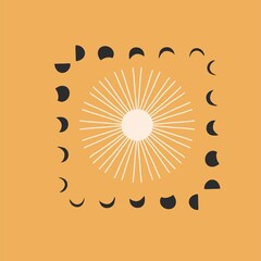 Hand drawn vector abstract stock flat graphic illustration with logo element,bohemian astrology magic minimalistic emblem of mystic golden sun and moon phases silhouettes,simple style for branding.