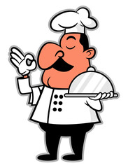 Cartoon illustration of A Big Fat Man with mustache, wearing chef hat and uniform, carrying a cloche with 