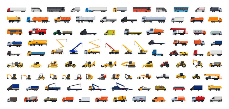 Vector collection of auto special equipment. Heavy industry vehicles.