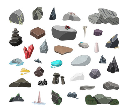 Vector set of stones of different breeds. Minerals, precious stones.