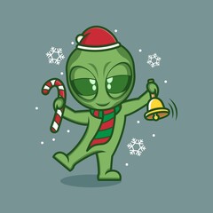 cute cartoon alien with candy and christmas bells. vector illustration for mascot logo or sticker