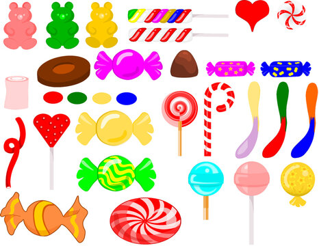 Variedad y multitud de distintos caramelos dulces en variados envoltorios y colores.